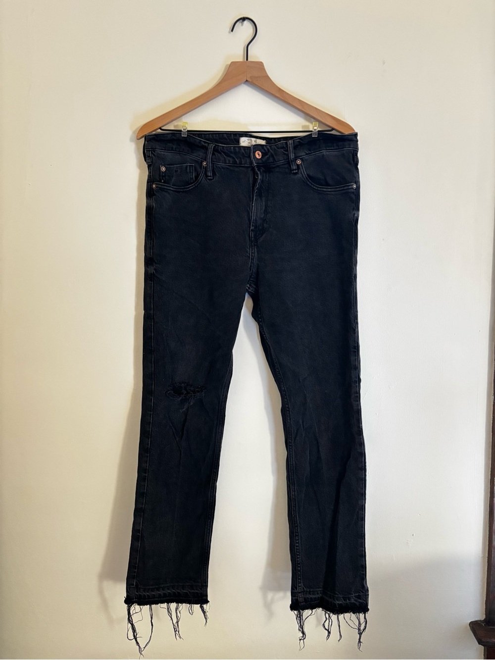 Free People Black Distressed Straight-Leg Jeans